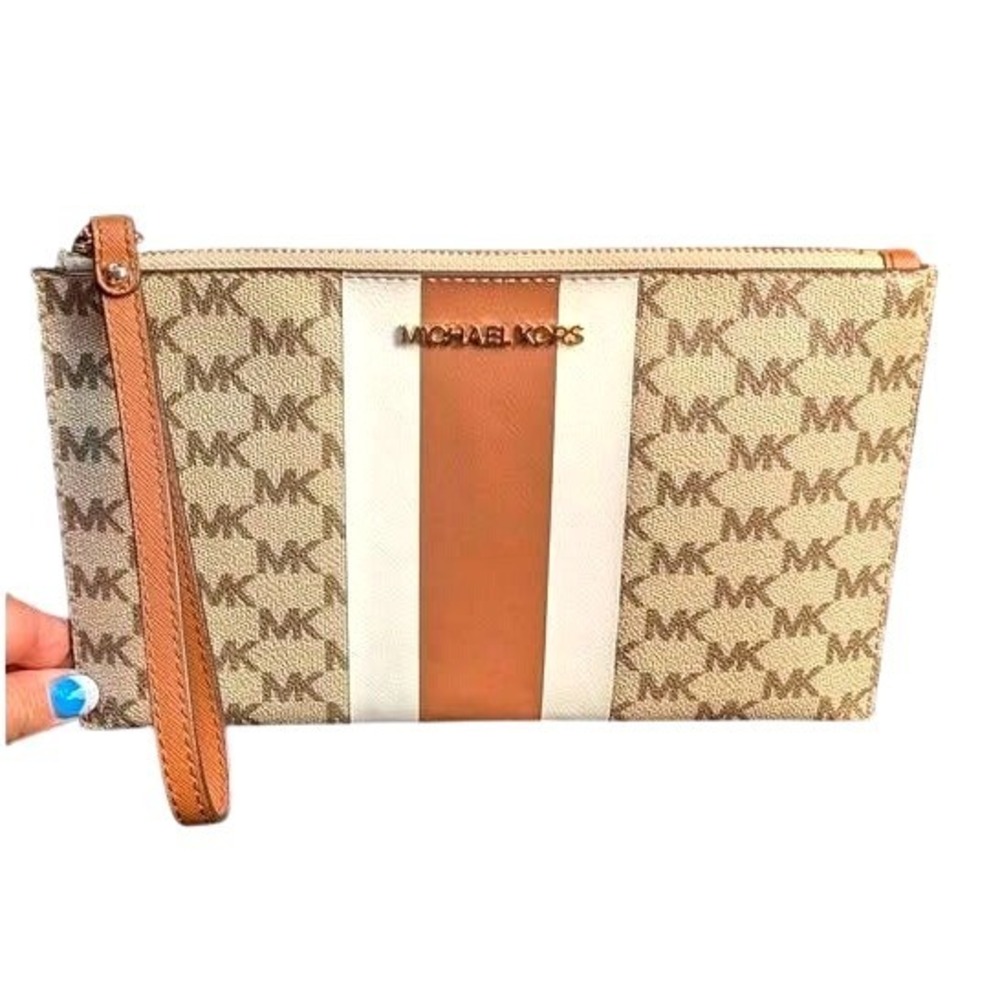 Michael Kors ~Jet Set Travel Medium Top Zip Wristlet ~ Vanilla Logo Stripe Acorn